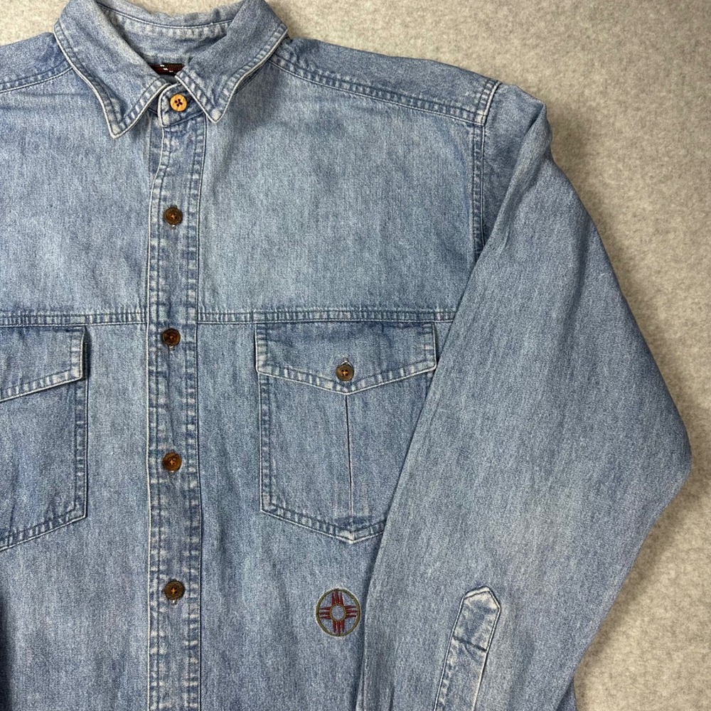 Vtg Jansport Mens‎ Denim Button Down Shirt Light Wash Zia Symbol Blue Medium